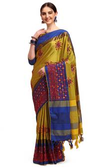 Yellow embroidered cotton silk saree with blouse