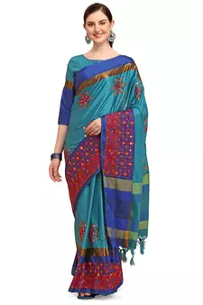 Light blue embroidered cotton silk saree with blouse