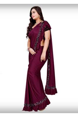 Purple plain lycra saree with blouse 2