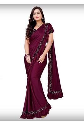 Purple plain lycra saree with blouse 3