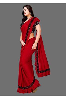 Red plain lycra saree with blouse 2