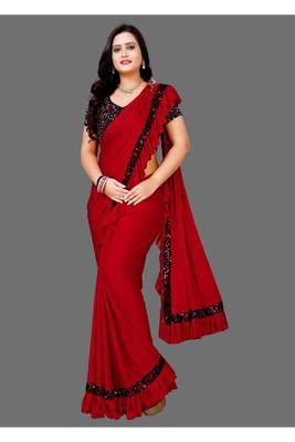 Red plain lycra saree with blouse 3