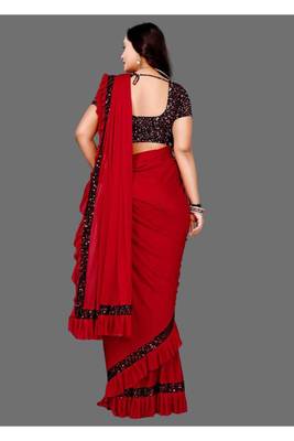 Red plain lycra saree with blouse 4