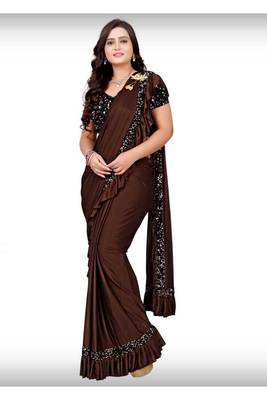 Brown plain lycra saree with blouse 1