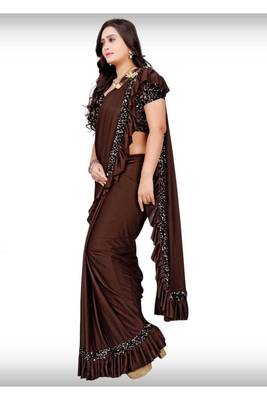 Brown plain lycra saree with blouse 2