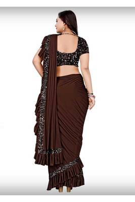Brown plain lycra saree with blouse 3