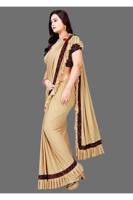 Beige plain lycra saree with blouse 2