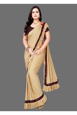 Beige plain lycra saree with blouse 4