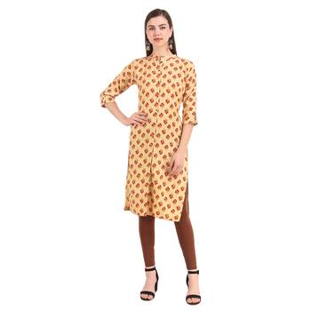 Beige printed rayon long-kurtis 1