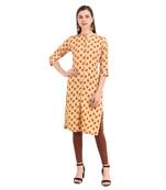 Beige printed rayon long-kurtis