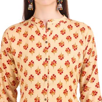 Beige printed rayon long-kurtis 3