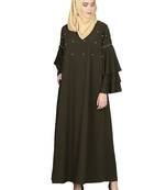 Premium Quality Crepe Fabric Upper Pearl/Bead work and 3 Layer Bell Sleeves Abaya with Hijab Olive Colour