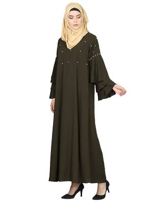 Premium Quality Crepe Fabric Upper Pearl/Bead work and 3 Layer Bell Sleeves Abaya with Hijab Olive Colour 2