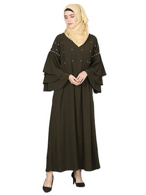Premium Quality Crepe Fabric Upper Pearl/Bead work and 3 Layer Bell Sleeves Abaya with Hijab Olive Colour 3