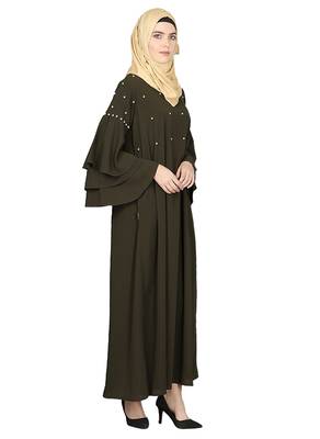 Premium Quality Crepe Fabric Upper Pearl/Bead work and 3 Layer Bell Sleeves Abaya with Hijab Olive Colour 4