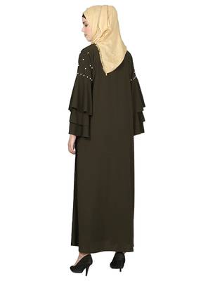 Premium Quality Crepe Fabric Upper Pearl/Bead work and 3 Layer Bell Sleeves Abaya with Hijab Olive Colour 5