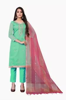 Sea-green hand embroidery faux chanderi salwar