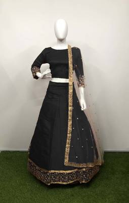 Black embroidered art silk semi stitched lehenga 1