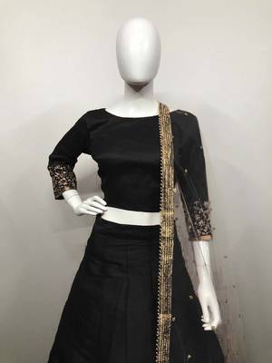 Black embroidered art silk semi stitched lehenga 2