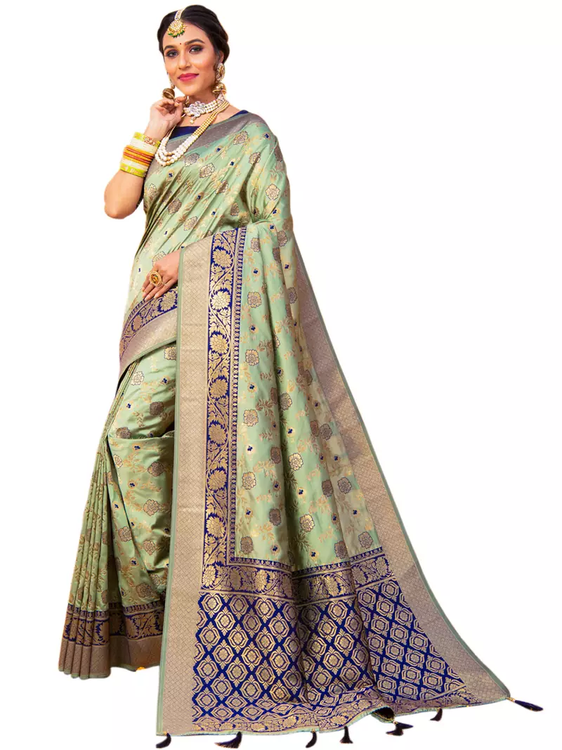 Light green hand woven banarasi silk saree with blouse