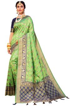 Light parrot green hand woven banarasi silk saree with blouse