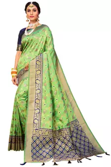 Light parrot green hand woven banarasi silk saree with blouse