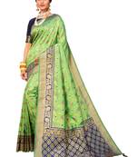 Light parrot green hand woven banarasi silk saree with blouse