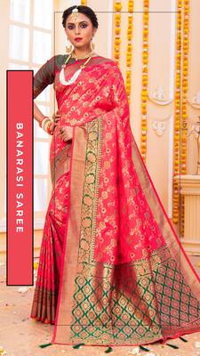 Hot pink hand woven banarasi silk saree with blouse 1