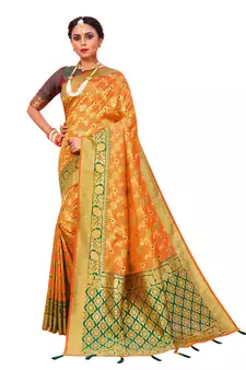 Mustard hand woven banarasi silk saree with blouse