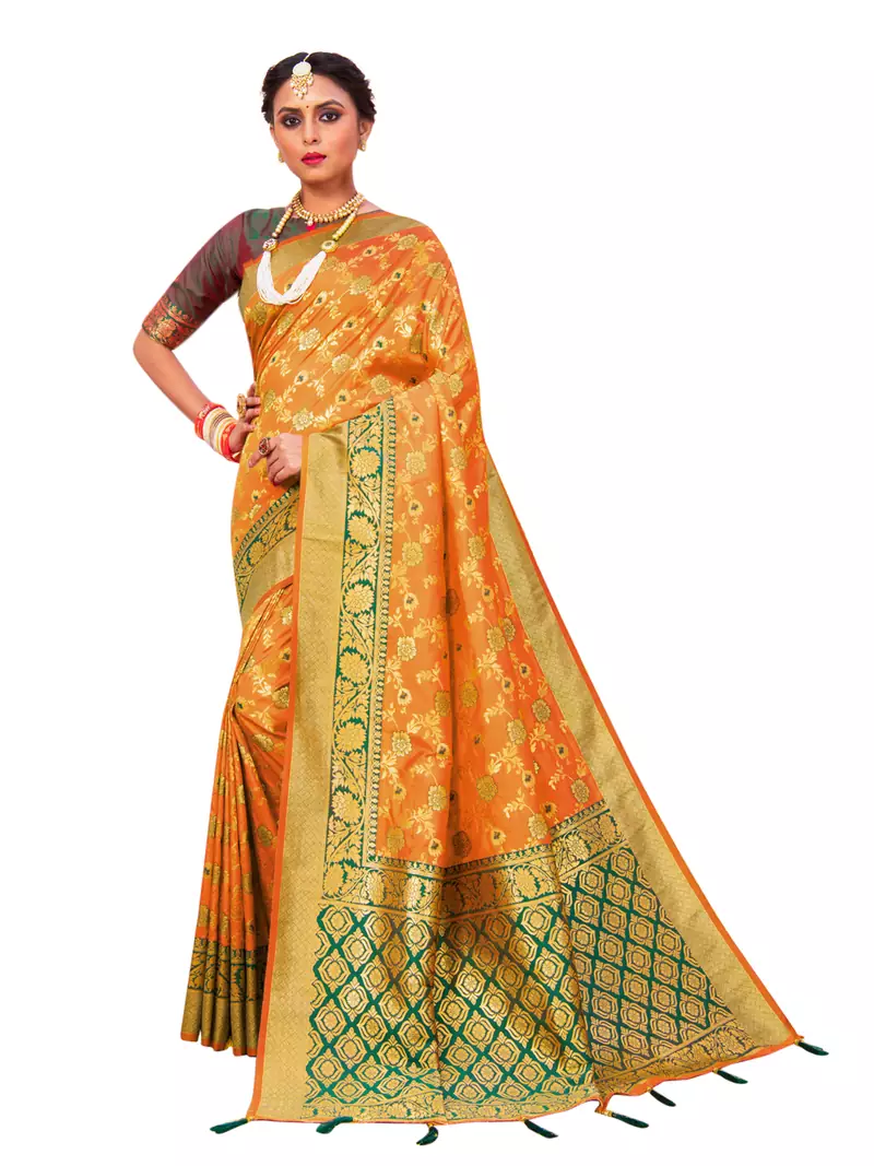 Mustard hand woven banarasi silk saree with blouse