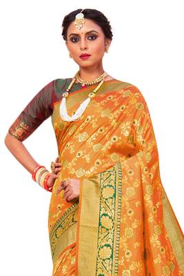 Mustard hand woven banarasi silk saree with blouse 3