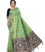 Parrot green hand woven banarasi silk saree with blouse