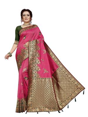 Pink hand woven banarasi silk saree with blouse 1