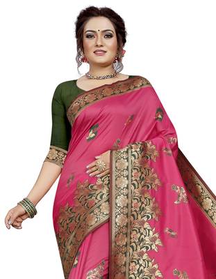 Pink hand woven banarasi silk saree with blouse 2