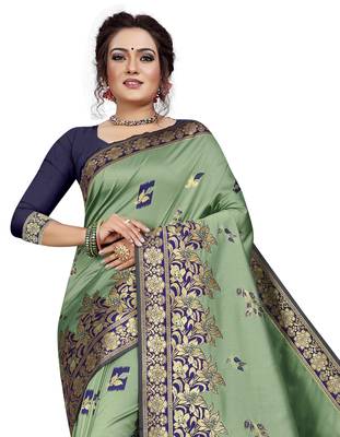 Light green hand woven banarasi silk saree with blouse 2