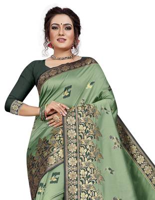Light green hand woven banarasi silk saree with blouse 2