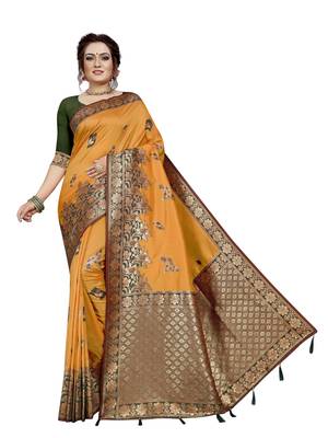 Yellow hand woven banarasi silk saree with blouse 1