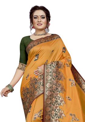 Yellow hand woven banarasi silk saree with blouse 2