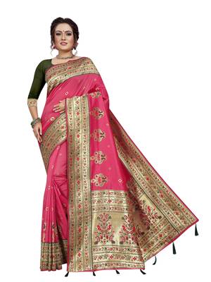 Pink hand woven banarasi silk saree with blouse 1
