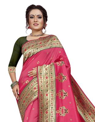 Pink hand woven banarasi silk saree with blouse 2