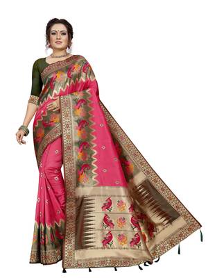 Pink hand woven banarasi silk saree with blouse 1