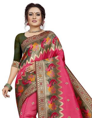 Pink hand woven banarasi silk saree with blouse 2