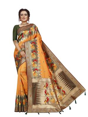 Yellow hand woven banarasi silk saree with blouse 1