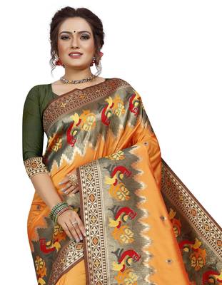 Yellow hand woven banarasi silk saree with blouse 2