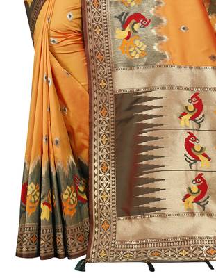 Yellow hand woven banarasi silk saree with blouse 3