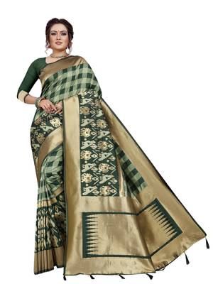 Green hand woven banarasi silk saree with blouse 1