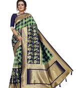 Parrot green hand woven banarasi silk saree with blouse