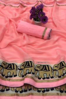 Light Pink Embroidered Chiffon Saree With Blouse