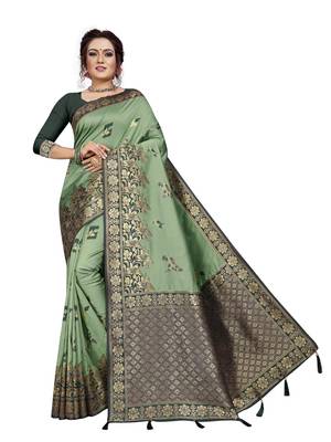 Light green hand woven banarasi silk saree with blouse 1