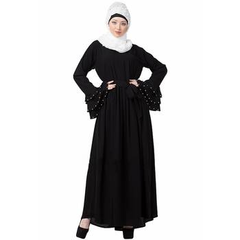 Premium Quality Creep Fabric 3 Layer Pearl/Bead Bell Sleeves and Belt Pentax/Plated A-line Abaya with Hijab Black Colour 1